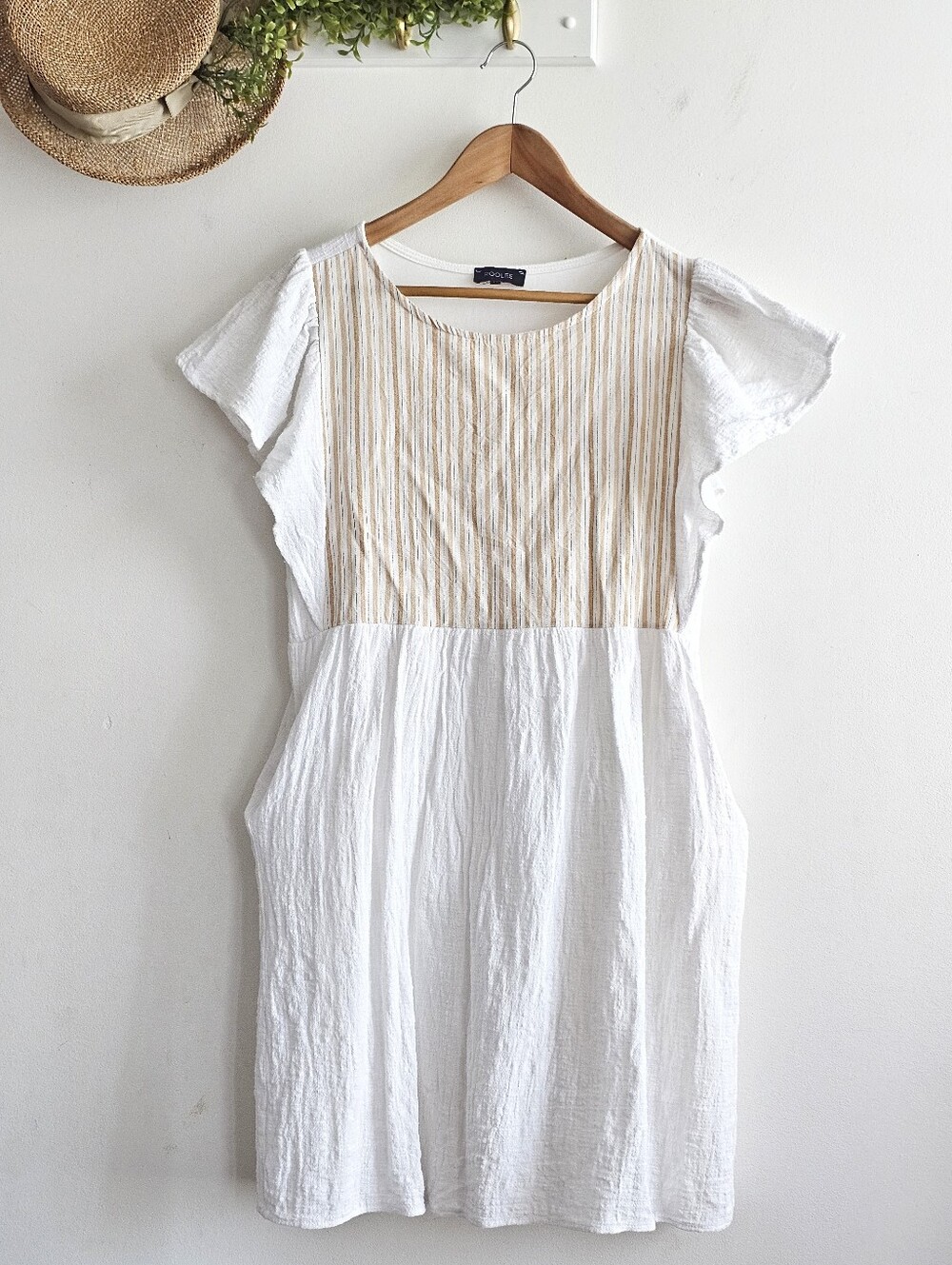ROOLEE White Tan Striped Flutter Sleeve Pocket Dress Made in USA Size Medium